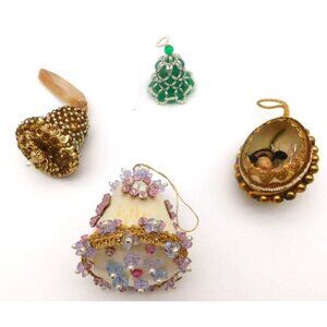 Lot of Vintage Beaded Christmas Ornaments Bells Eggshell Intricate Push Pin